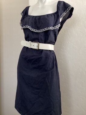 Scoop NYC, size L, silk/cotton, midi, embroidered ruffle at collar, blue dress